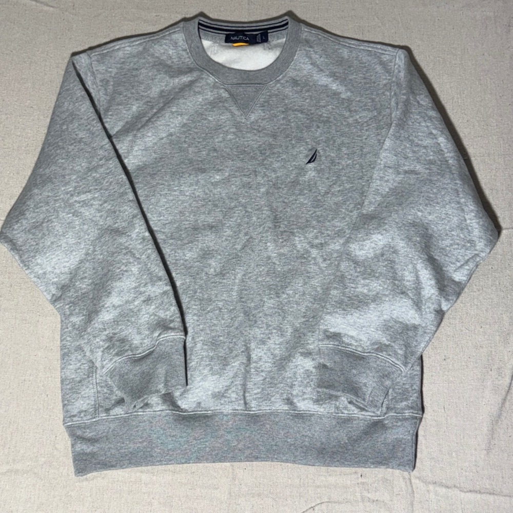 Nautica Mens Heather Gray Crewneck Sweatshirt Embroidered Logo Size Large